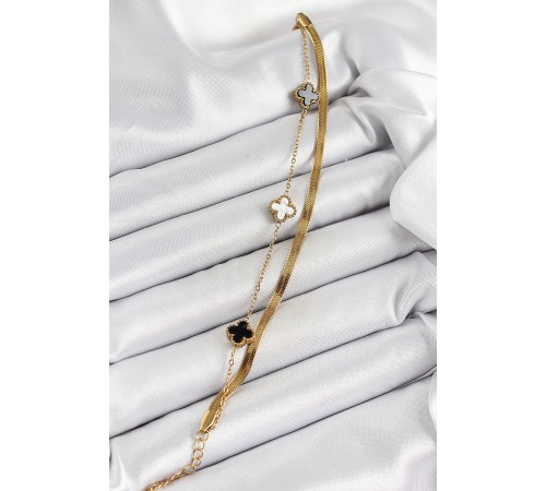 316L Çelik Gold Renk Siyah ve Beyaz Yoncalı İtalyan Zincirli 2'li Kadın Bileklik - TJ-BB7082