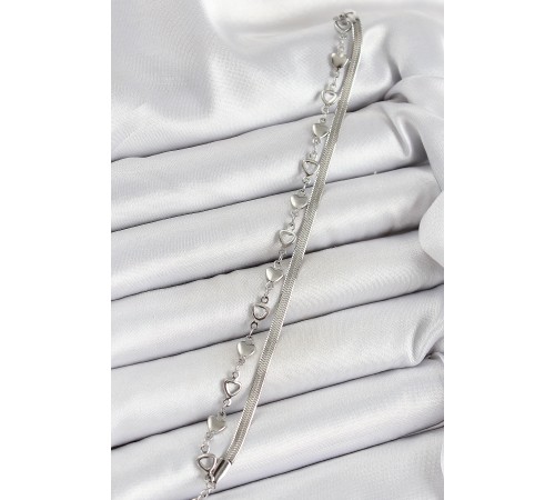 316L Çelik Gümüş Renk Kalpli Zincir ve İtalyan Zincirli 2'li Kadın Bileklik - TJ-BB7083