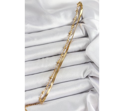 316L Çelik Gold Renk Yıldız Zincir ve İtalyan Zincirli 2'li Kadın Bileklik - TJ-BB7088