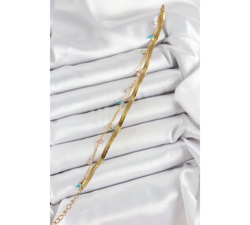 316L Çelik Gold Renk Karışık Renkli Kristal Taşlı 2'li Kadın Bileklik - TJ-BB7093