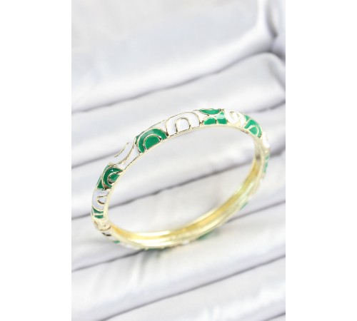 Mineli Pirinç Yeşil Beyaz Sarmal Desenli Gold Renk Kadın Kelepçe - TJ-BB7101