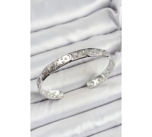 Pirinç Gümüş Renk İşlemeli Altı Açık Bileklik - TJ-BB7186