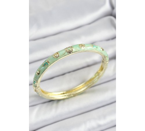 Mineli Pirinç Gold Renk Açık Yeşil Motif Desenli Kadın Kelepçe - TJ-BB7179