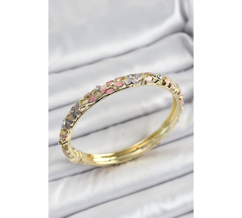 Mineli Pirinç Gold Renk Pembe Çiçek Motifli Kadın Kelepçe - TJ-BB7175