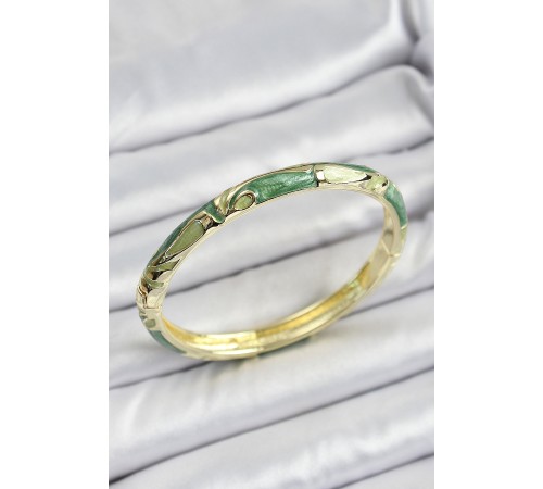 Mineli Pirinç Gold Renk Yeşil Çiçek Motifli Kadın Kelepçe - TJ-BB7173