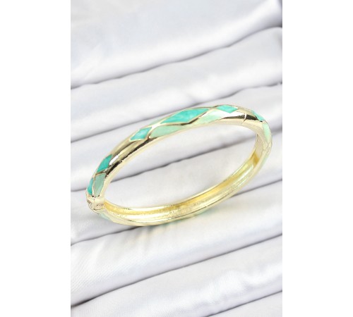 Mineli Pirinç Turkuaz Yeşil Baklava Desenli Gold Renk Kadın Kelepçe - TJ-BB7116