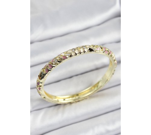Mineli Pirinç Gold Renk Pembe Çiçek Desen Motifli Kadın Kelepçe - TJ-BB7165