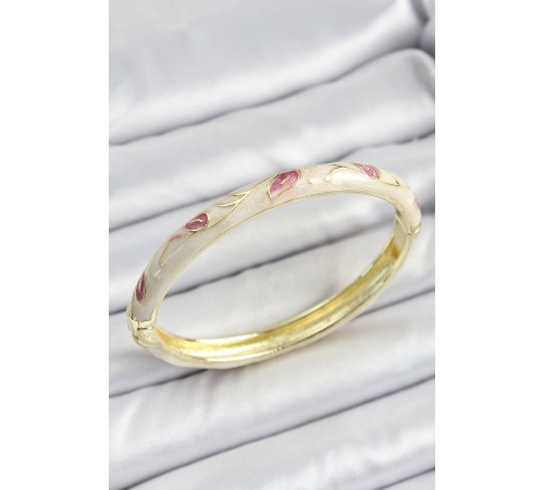 Mineli Pirinç Gold Renk Krem Çiçek Motifli Kadın Kelepçe - TJ-BB7159