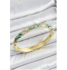 Mineli Pirinç Gold Renk Yeşil Çiçek Desenli Kadın Kelepçe - TJ-BB7156