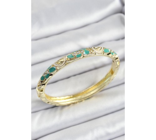 Mineli Pirinç Gold Renk Yeşil Çiçek Desenli Kadın Kelepçe - TJ-BB7156