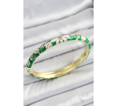 Mineli Pirinç Gold Renk Yeşil Çiçek Desen Motifli Kadın Kelepçe - TJ-BB7140