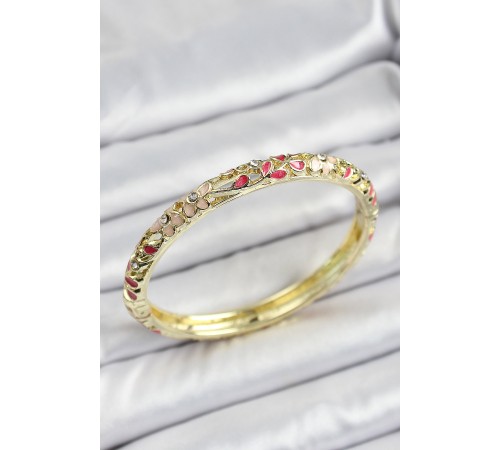 Mineli Pirinç Fuşya Çiçek Motif Desenli Kadın Kelepçe - TJ-BB7136