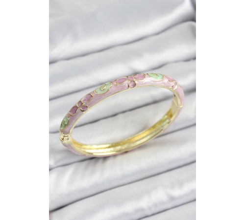 Mineli Gold Renk Pirinç Pembe Çiçek Desenli Kadın Kelepçe - TJ-BB7135
