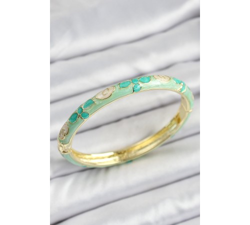 Mineli Pirinç Gold Renk Su Yeşili Çiçek Motifli Kadın Kelepçe - TJ-BB7134