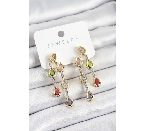 Pirinç Çoklu Damla Model Karşık Zirkon Taşlı Gold Ve Gümüş Renk Kadın Küpe - TJ-BKP10742