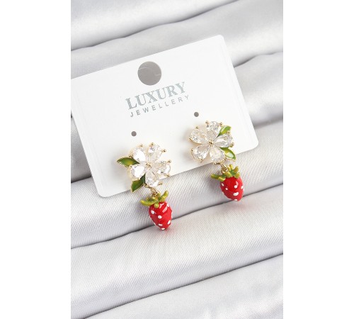 Pirinç Mineli Zirkon Taşlı Çiçek Model Sallantılı Çilek Detaylı Gold Renk Kadın Küpe - TJ-BKP10747