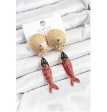 Pirinç Sallantılı Zirkon Taşlı Kırmızı Siyah Balık Model Gold Renk Kadın Küpe - TJ-BKP10751