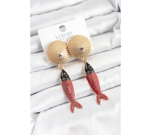 Pirinç Sallantılı Zirkon Taşlı Kırmızı Siyah Balık Model Gold Renk Kadın Küpe - TJ-BKP10751