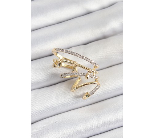 Pirinç Zirkon Taşlı Sıkıştırma Sağ Kıkırdak Gold Renk Kadın Küpe - TJ-BKP10753