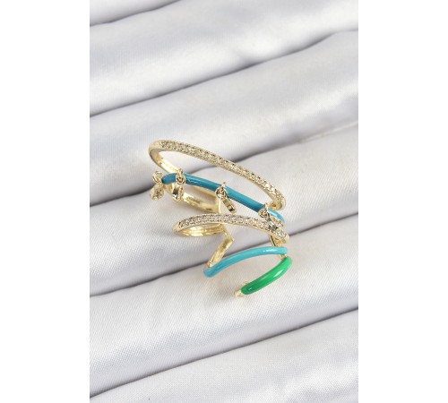 Pirinç Zirkon Taşlı Mavi Yeşil Sıkıştırma Sağ Kıkırdak Gold Renk Kadın Küpe - TJ-BKP10754