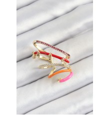 Pirinç Zirkon Taşlı Kırmızı Turuncu Pembe Sıkıştırma Sağ Kıkırdak Gold Renk Kadın Küpe - TJ-BKP10755