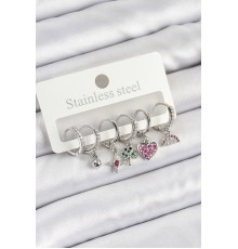 Pirinç Zirkon Taşlı Karpuz Yonca Kalp Pusula Karışık Model Gümüş Renk 6'lı Set Kadın Küpe - TJ-BKP10757