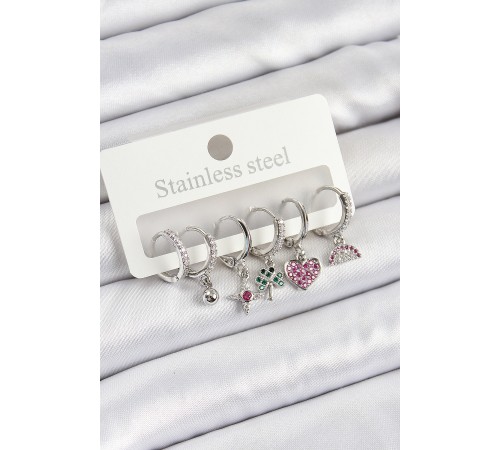 Pirinç Zirkon Taşlı Karpuz Yonca Kalp Pusula Karışık Model Gümüş Renk 6'lı Set Kadın Küpe - TJ-BKP10757