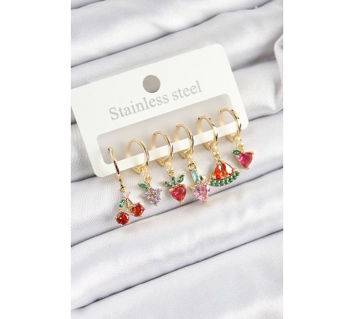 Pirinç Zirkon Taşlı Meyve Temalı Karışık Model Gold Renk 6'lı Set Kadın Küpe - TJ-BKP10762