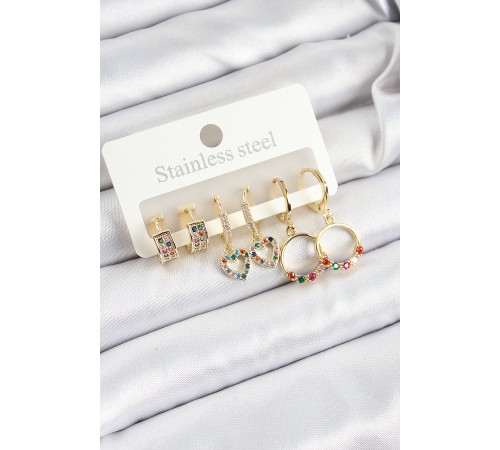 Pirinç Zirkon Taşlı Kalp Ve Halka Model Gold Renk 6'lı Set Kadın Küpe - TJ-BKP10761