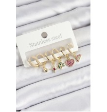 Pirinç Zirkon Taşlı Karpuz Yonca Kalp Pusula Karışık Model Gold Renk 6'lı Set Kadın Küpe - TJ-BKP10760