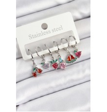 Pirinç Zirkon Taşlı Karpuz Yonca Kalp Pusula Karışık Model Gümüş Renk 6'lı Set Kadın Küpe - TJ-BKP10759