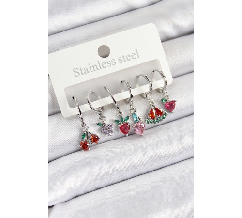 Pirinç Zirkon Taşlı Karpuz Yonca Kalp Pusula Karışık Model Gümüş Renk 6'lı Set Kadın Küpe - TJ-BKP10759