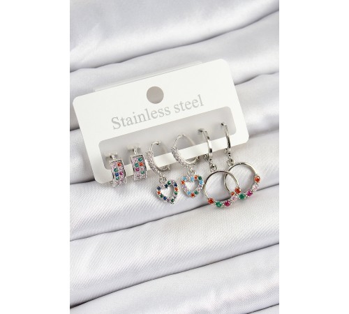 Pirinç Zirkon Taşlı Kalp Ve Halka Model Gold Renk 6'lı Set Kadın Küpe - TJ-BKP10758