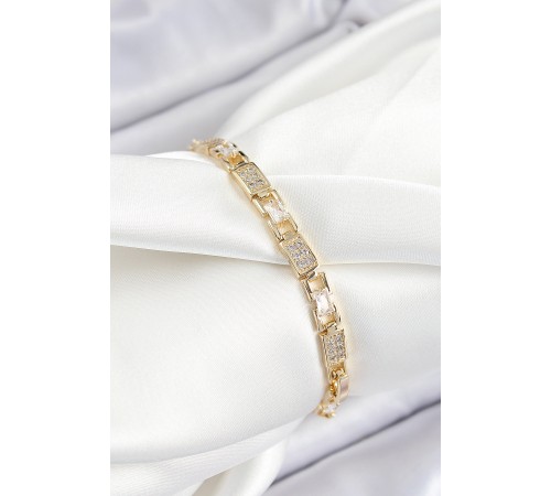 Pirinç Zincir Model Zirkon Taşlı Gold Renk VİP Seri Kadın Bileklik - TJ-BB7204