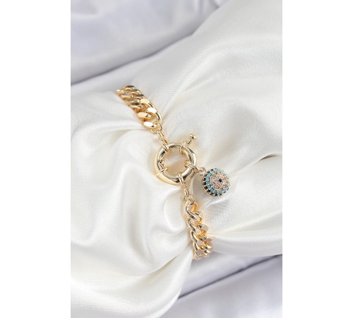 Pirinç Nazar Model Zirkon Taşlı Gold Renk VİP Seri Kadın Bileklik - TJ-BB7210