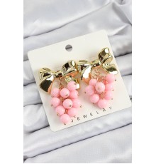 Pirinç Sallantılı Pembe Boncuklu Fiyonk Vintage Model Gold Renk Kadın Küpe - TJ-BKP10776