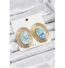 Pirinç Mermer Desenlli Mavi Sedef Oval Vintage Model Gold Renk Kadın Küpe - TJ-BKP10777