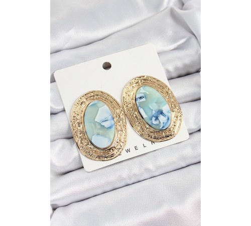 Pirinç Mermer Desenlli Mavi Sedef Oval Vintage Model Gold Renk Kadın Küpe - TJ-BKP10777