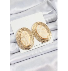 Pirinç Mermer Desenlli Bej Sedef Oval Vintage Model Gold Renk Kadın Küpe - TJ-BKP10778