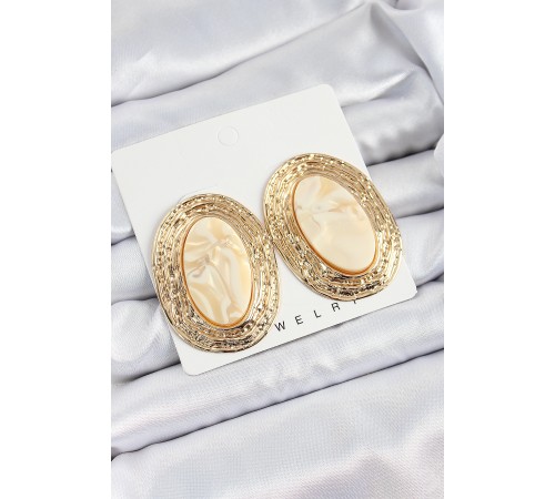 Pirinç Mermer Desenlli Bej Sedef Oval Vintage Model Gold Renk Kadın Küpe - TJ-BKP10778