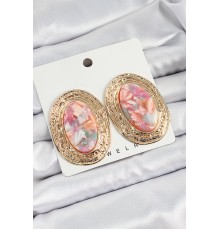 Pirinç Mermer Desenlli Pembe Sedef Oval Vintage Model Gold Renk Kadın Küpe - TJ-BKP10779