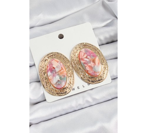 Pirinç Mermer Desenlli Pembe Sedef Oval Vintage Model Gold Renk Kadın Küpe - TJ-BKP10779