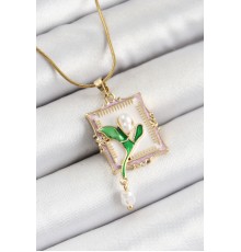 316L Çelik Zincir Beyaz Sanatsal Portre Sallantılı İnci Detaylı Lale Model Gold Renk Kadın Kolye - TJ-BKO10308