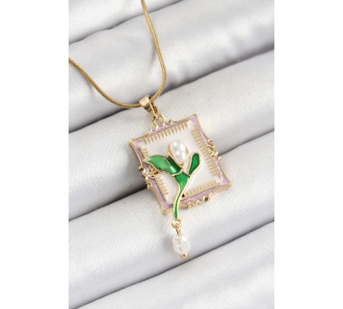 316L Çelik Zincir Beyaz Sanatsal Portre Sallantılı İnci Detaylı Lale Model Gold Renk Kadın Kolye - TJ-BKO10308