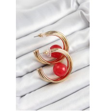 Pirinç Gold Renk Halka Model Kırmızı Boncuk Detay Kadın Küpe - TJ-BKP10366