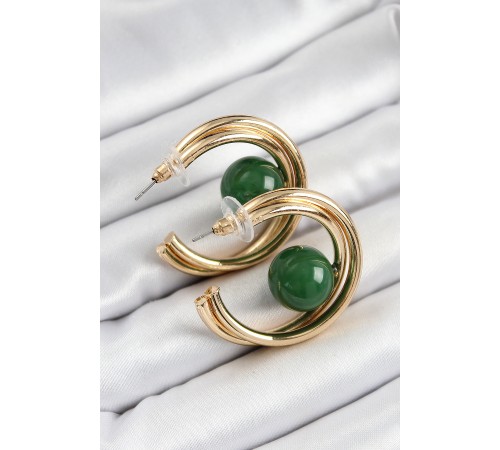 Pirinç Gold Renk Halka Model Yeşil Boncuk Detay Kadın Küpe - TJ-BKP10365