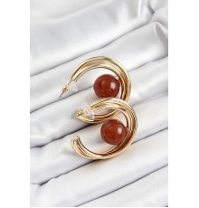 Pirinç Gold Renk Halka Model Kahverengi Boncuk Detay Kadın Küpe - TJ-BKP10364