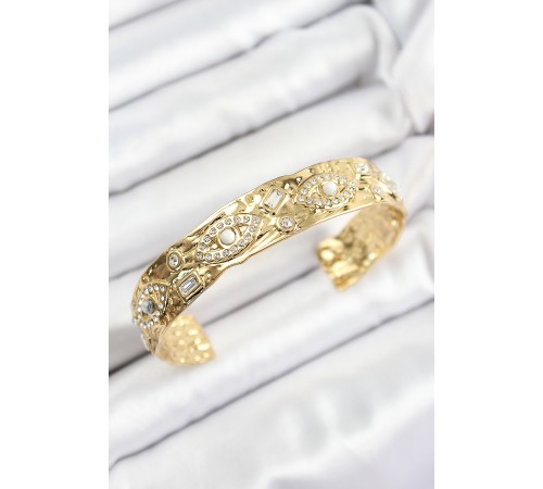 Pirinç Zirkon Taşlı Göz Model Gold Renk Altı Açık Kadın Bileklik - TJ-BB7213