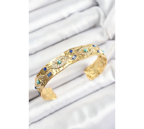 Pirinç Zirkon Taşlı Mavi Boncuklu Göz Model Gold Renk Altı Açık Kadın Bileklik - TJ-BB7214