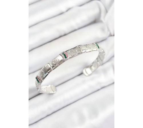 Pirinç Karışık Zirkon Taşlı Çiçek Model Gümüş Renk Altı Açık Kadın Bileklik - TJ-BB7217